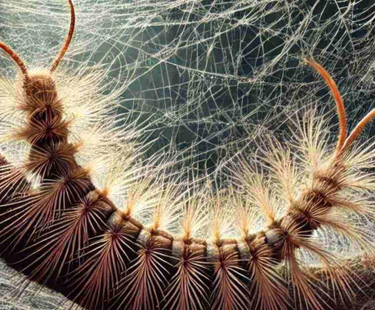 A large, fuzzy, multi-legged creature caught in a giant spider's web, high up in the forest trees.