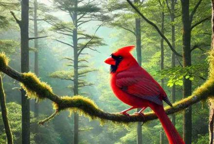 A bright red cardinal perched high in a berry tree, surveying the area with keen interest.